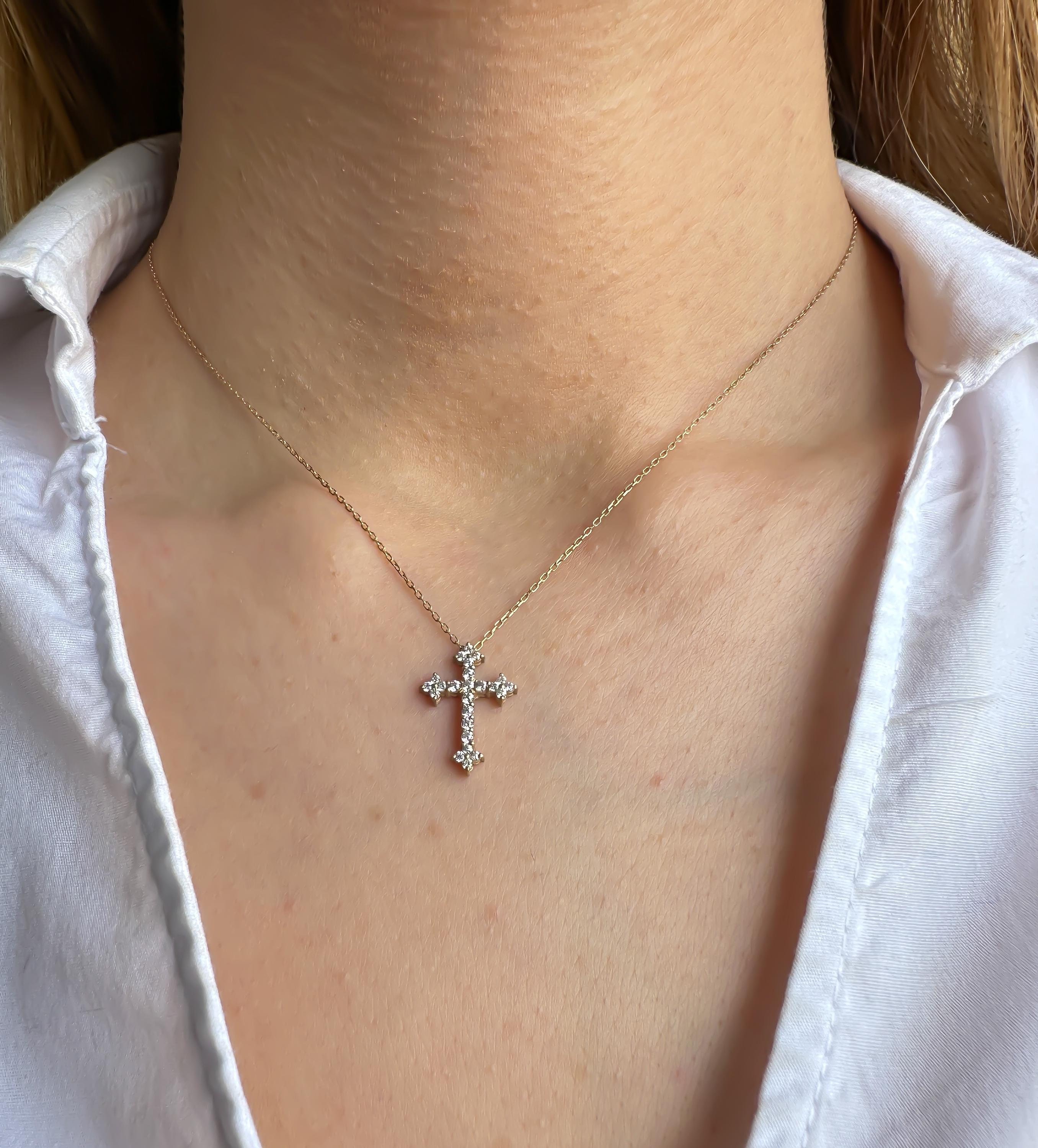 14K Gold Cross Necklace with CZ Diamonds | Women's Elegant Pendant | Authentic 14K Gold Christian Jewelry | Ideal Religious Gift