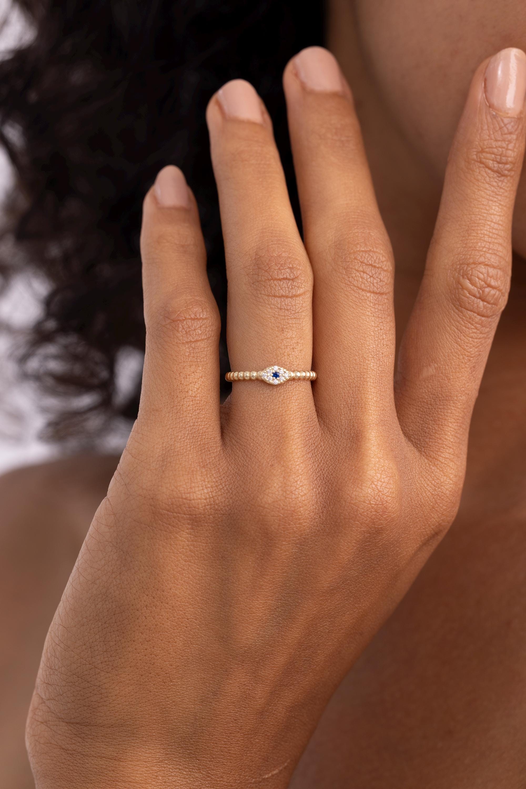 14K Solid Gold Diamond Evil Eye Ring for Women | Sapphire Evil Eye Ring | 14K Gold Beaded Band | Authentic 14K Gold Jewelry | Gift for Her