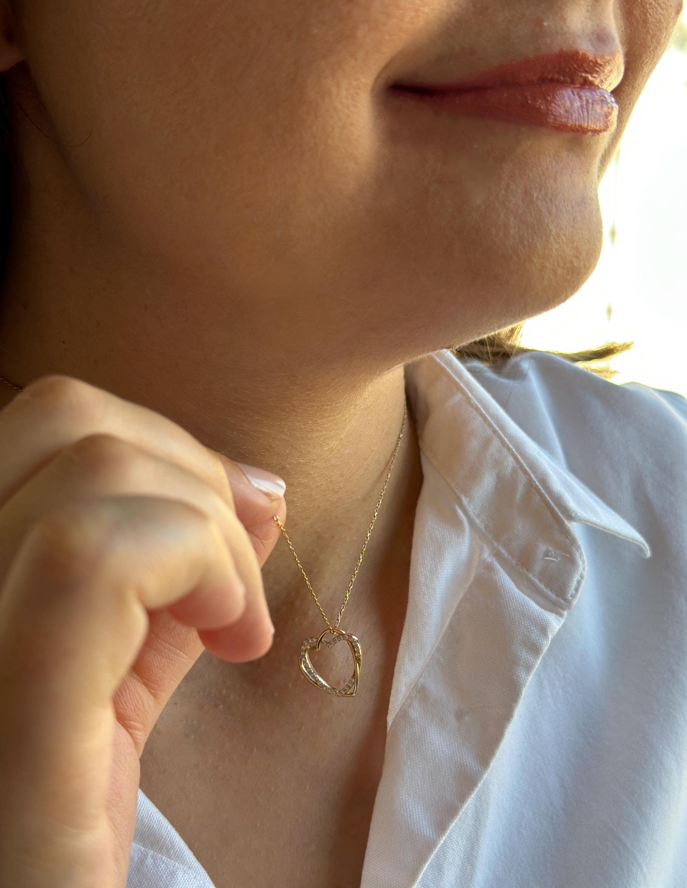 14K Solid Gold Double Heart Diamond Necklace | Genuine 14K Gold Interlocking Hearts Necklace | Elegant, Minimalist Jewelry for Women