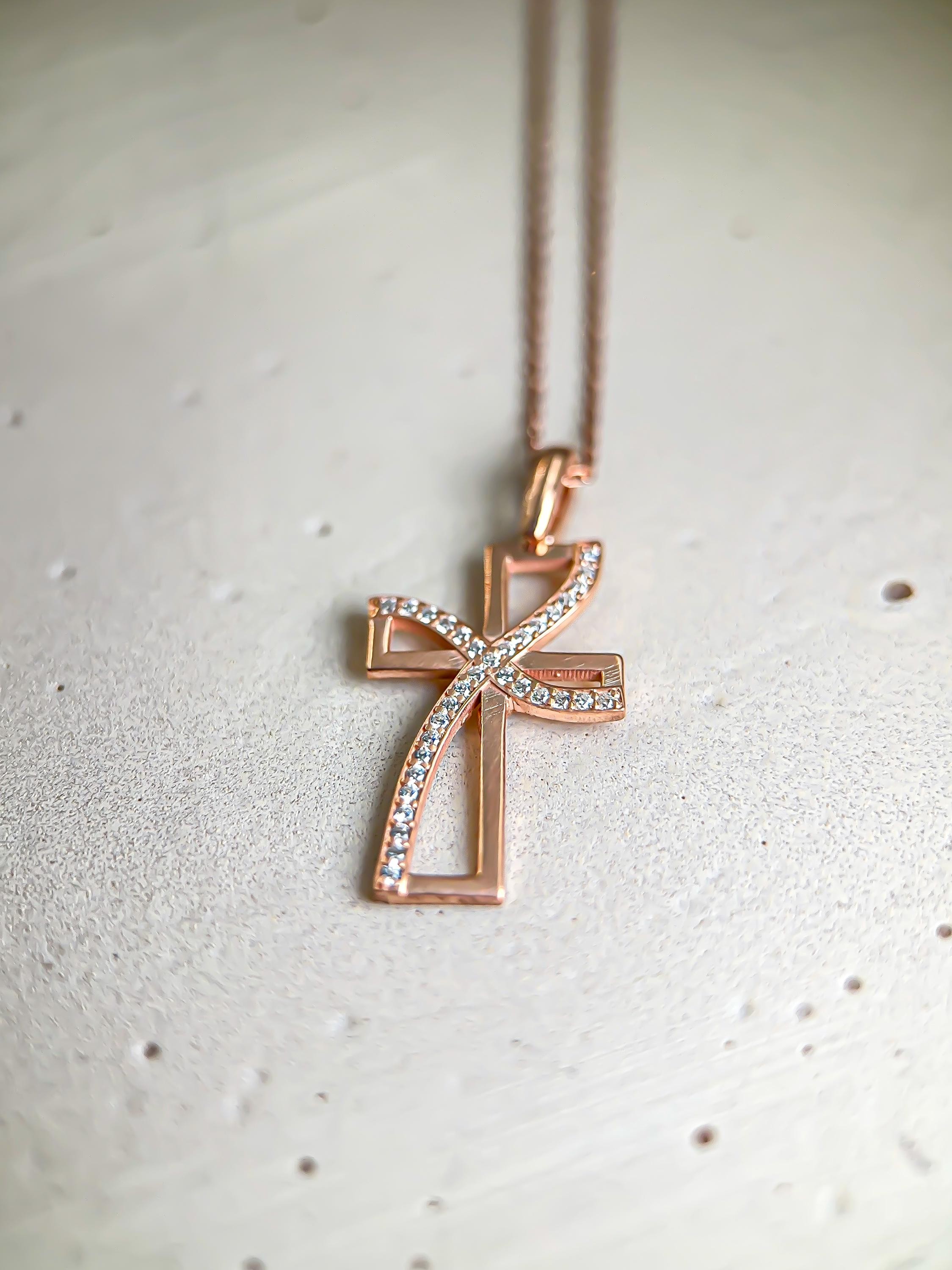14-karätige Diamant-Kreuz-Halskette aus massivem Gold für Damen | Christlicher Glaubensschmuck | Religiöser Anhänger | Kreuzkette aus echtem Gold | Perfektes Geschenk für sie