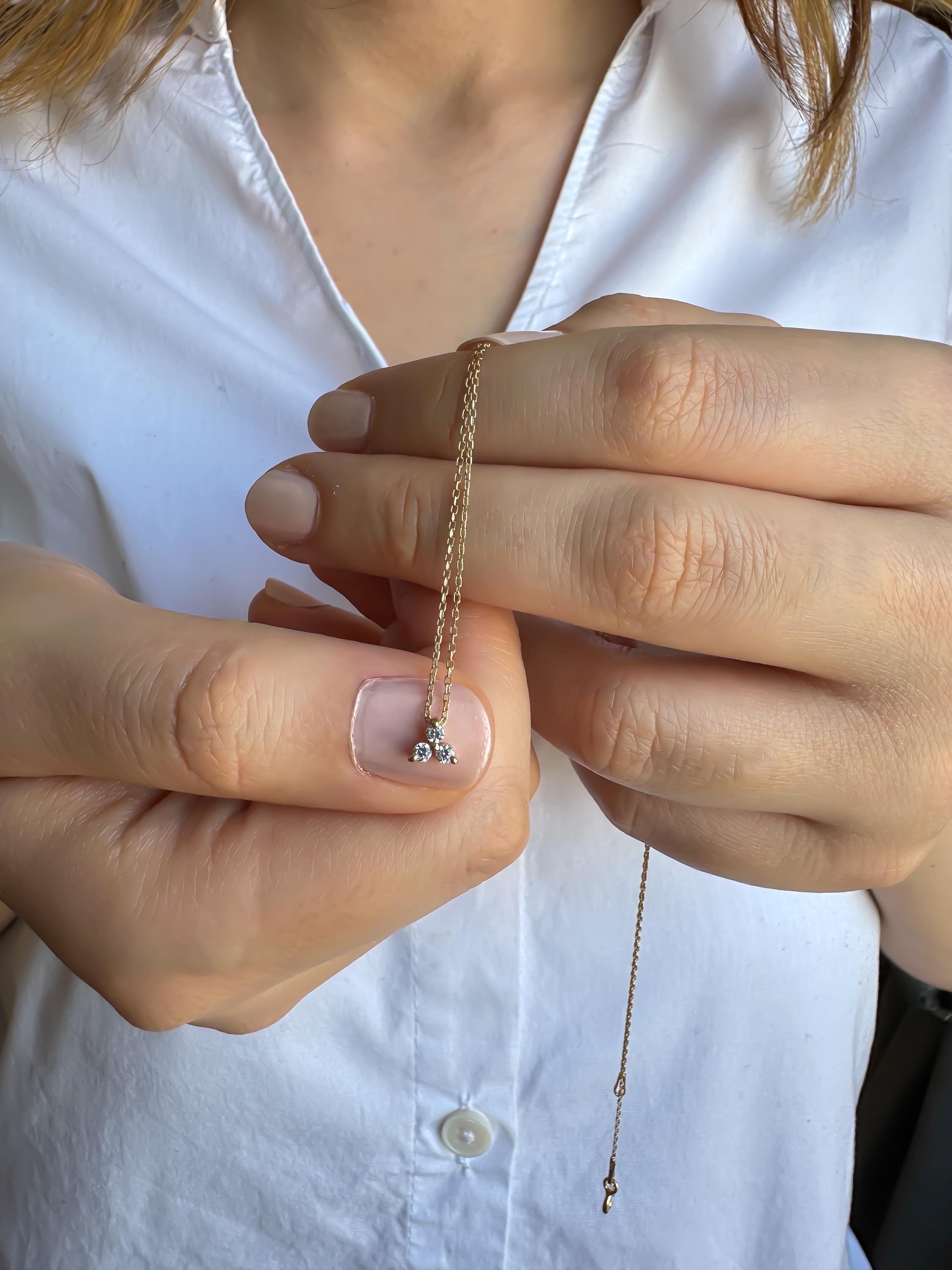 14k Gold Diamond Trio Cluster Necklace | Three Floating Diamond Necklace | 14k Gold Bridal Necklace | Perfect Anniversary or Wedding Gift