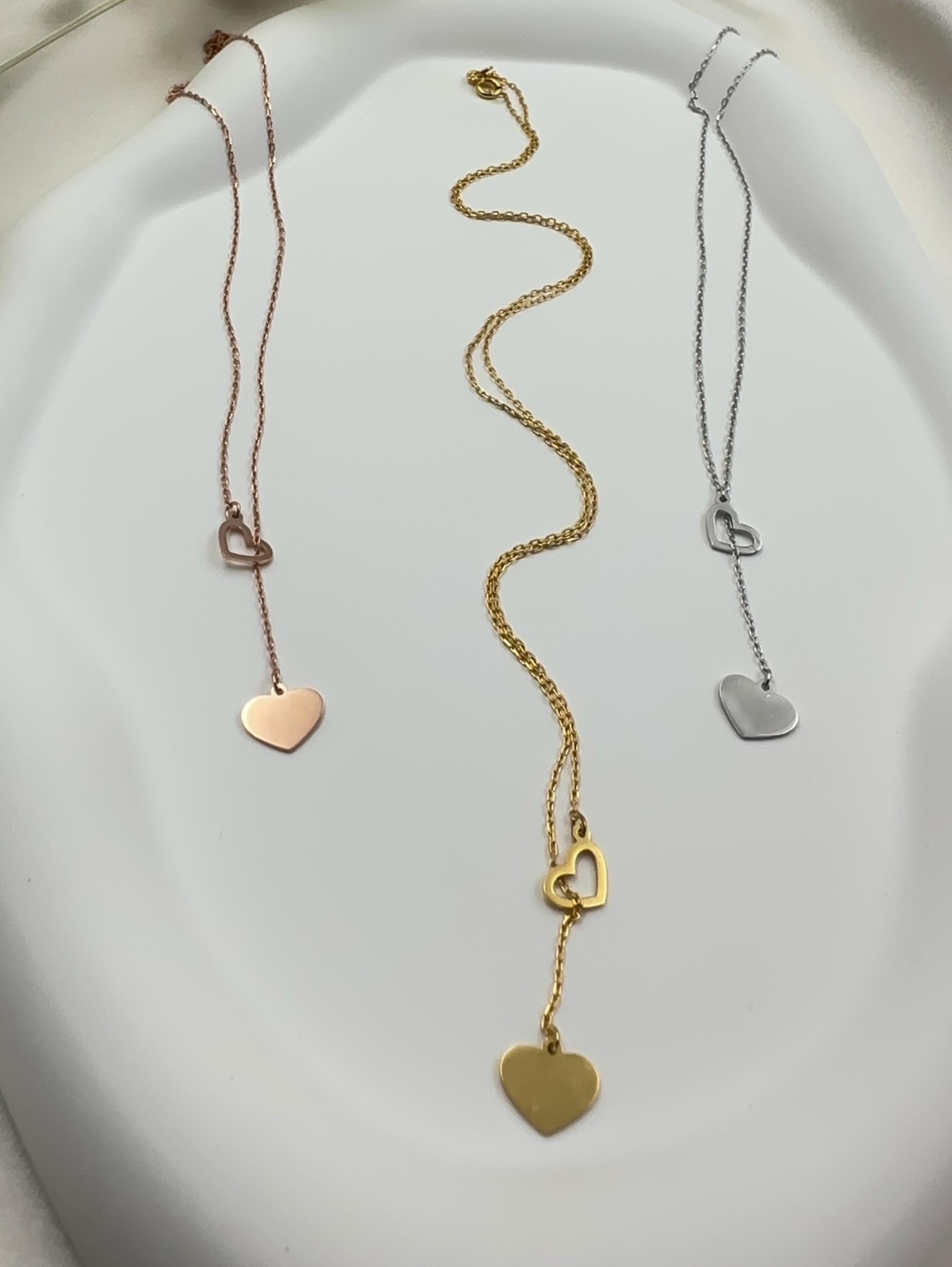 14K Solid Gold Heart Y Necklace for Women | Dainty Heart Lariat Necklace | Genuine 14K Gold Pendant | Elegant Jewelry Gift for Her