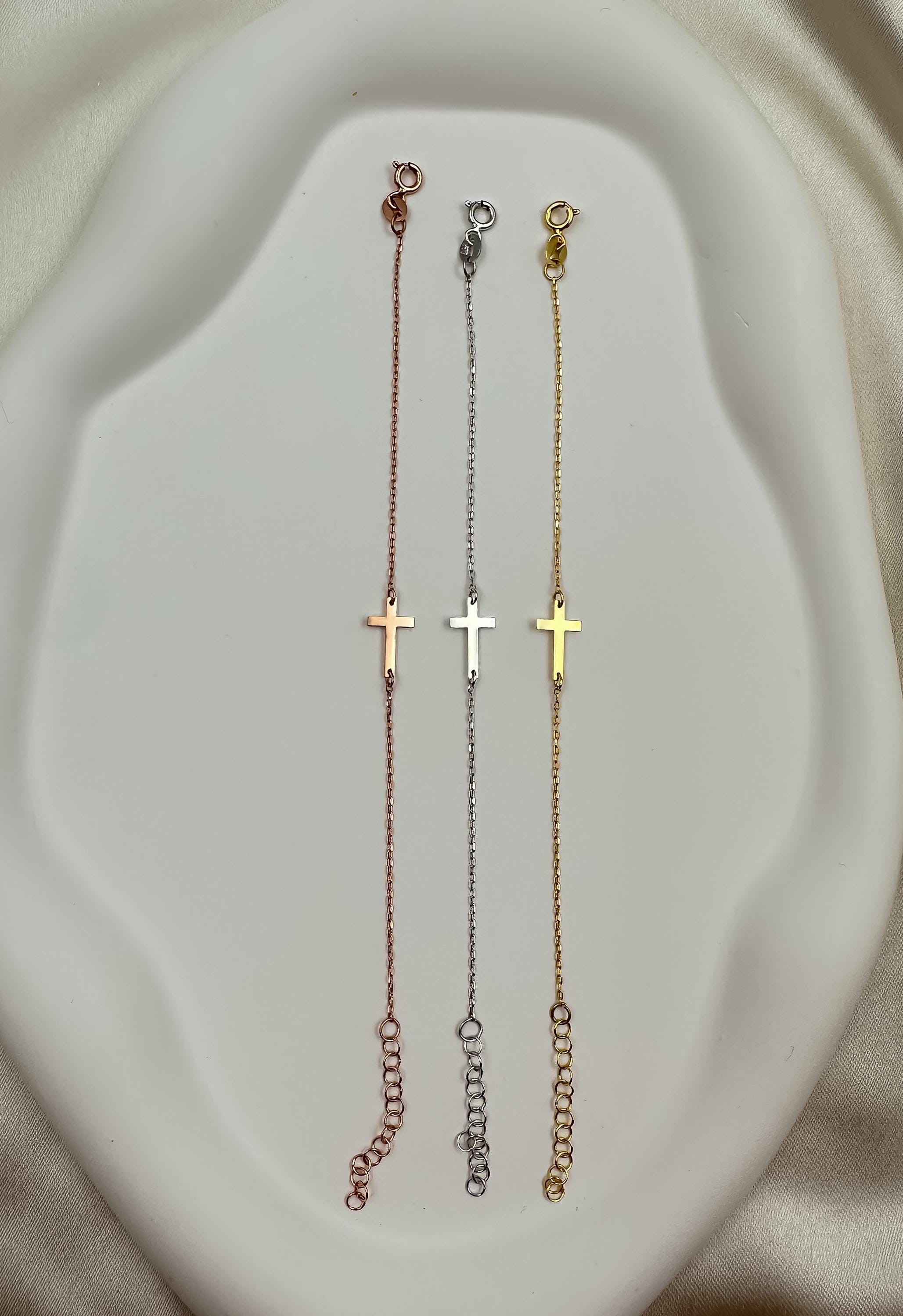 14K Solid Gold Tiny Cross Bracelet | Minimal Cross Charm Bracelet | Dainty Cross Bracelet for Women | Perfect Gift for Her