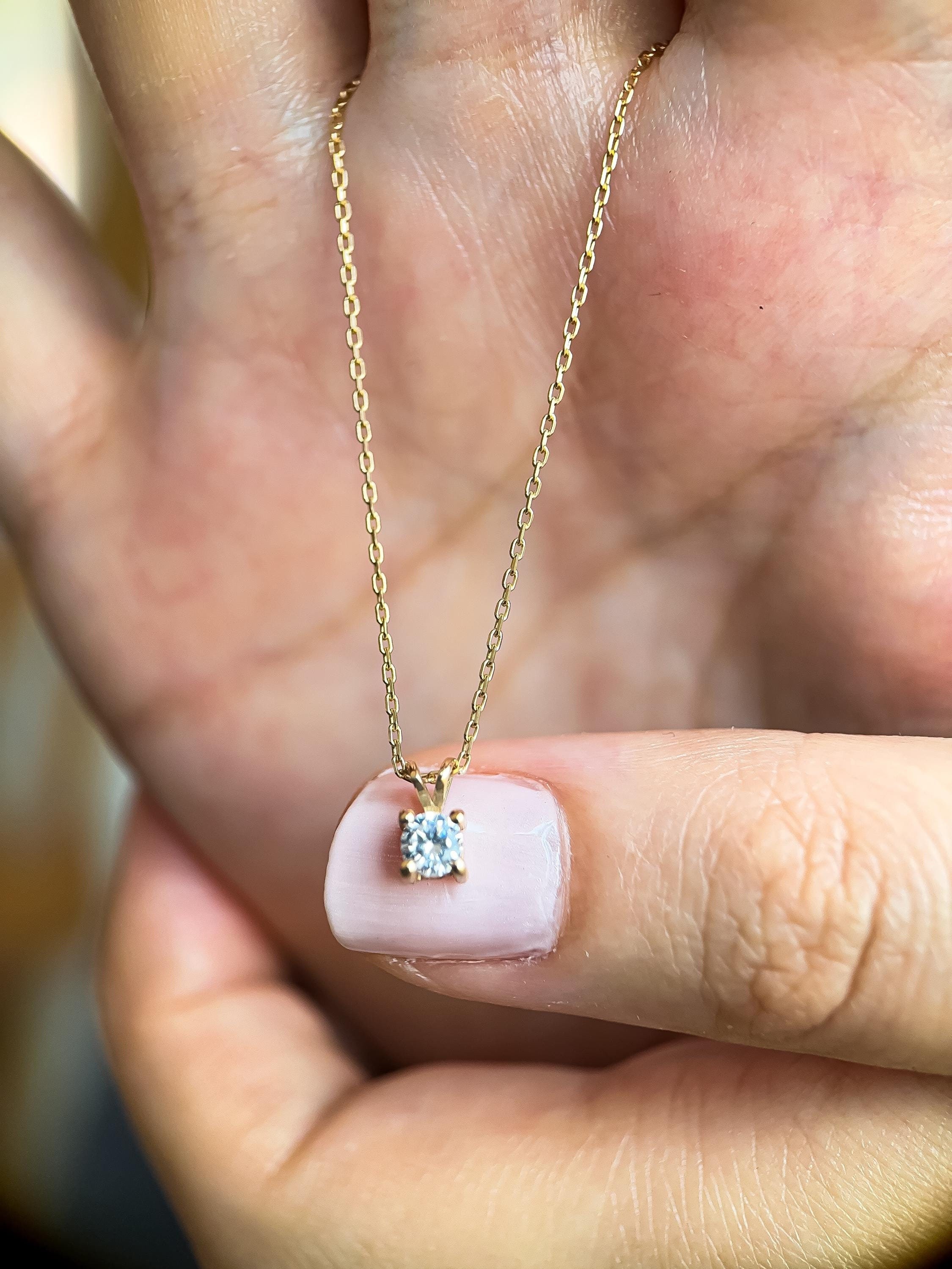 14K Solid Gold Diamond Solitaire Necklace | Round Cut Diamond Pendant for Women | Real 14K Gold Diamond Jewelry | Perfect Gift for Her