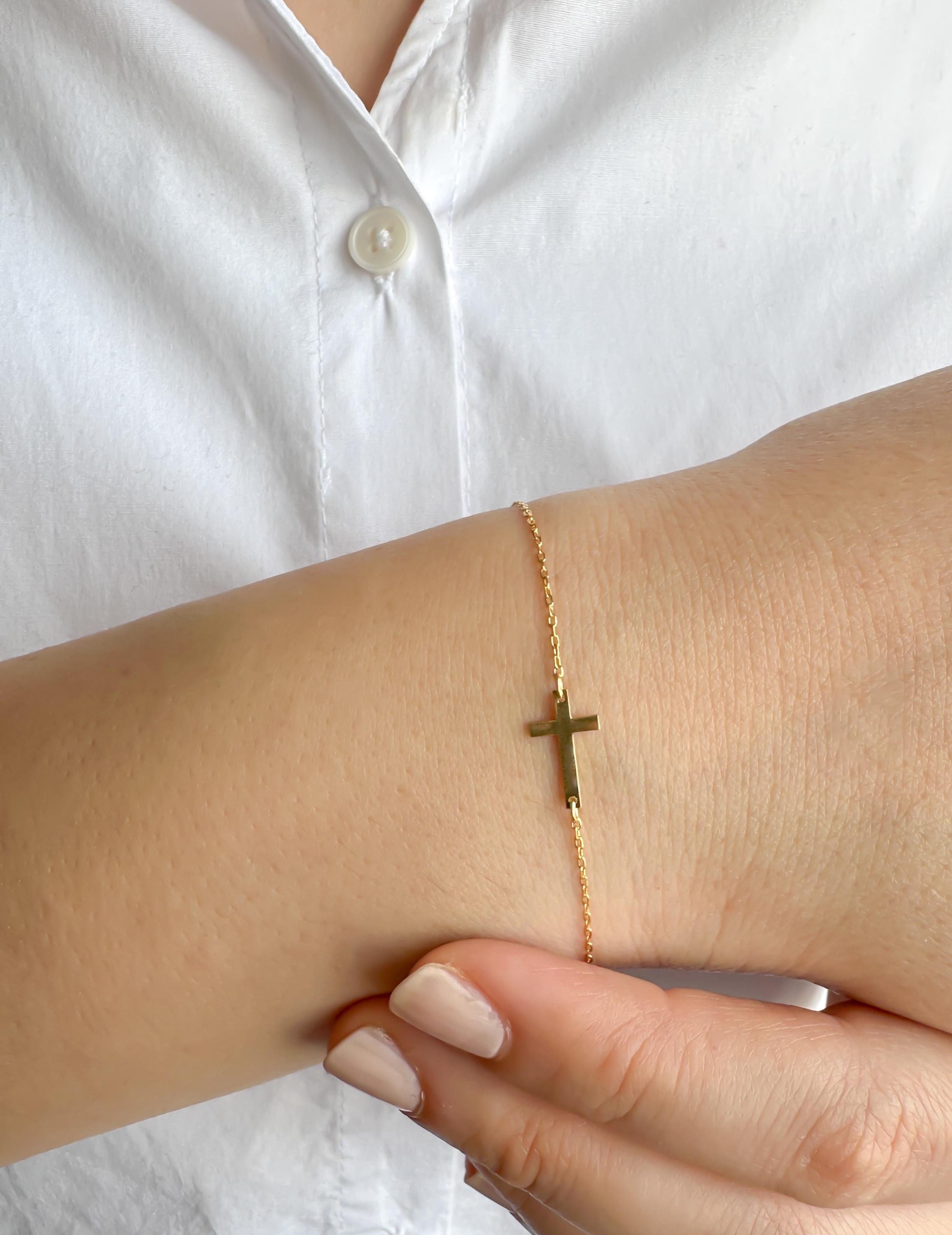 14K Solid Gold Tiny Cross Bracelet | Minimal Cross Charm Bracelet | Dainty Cross Bracelet for Women | Perfect Gift for Her