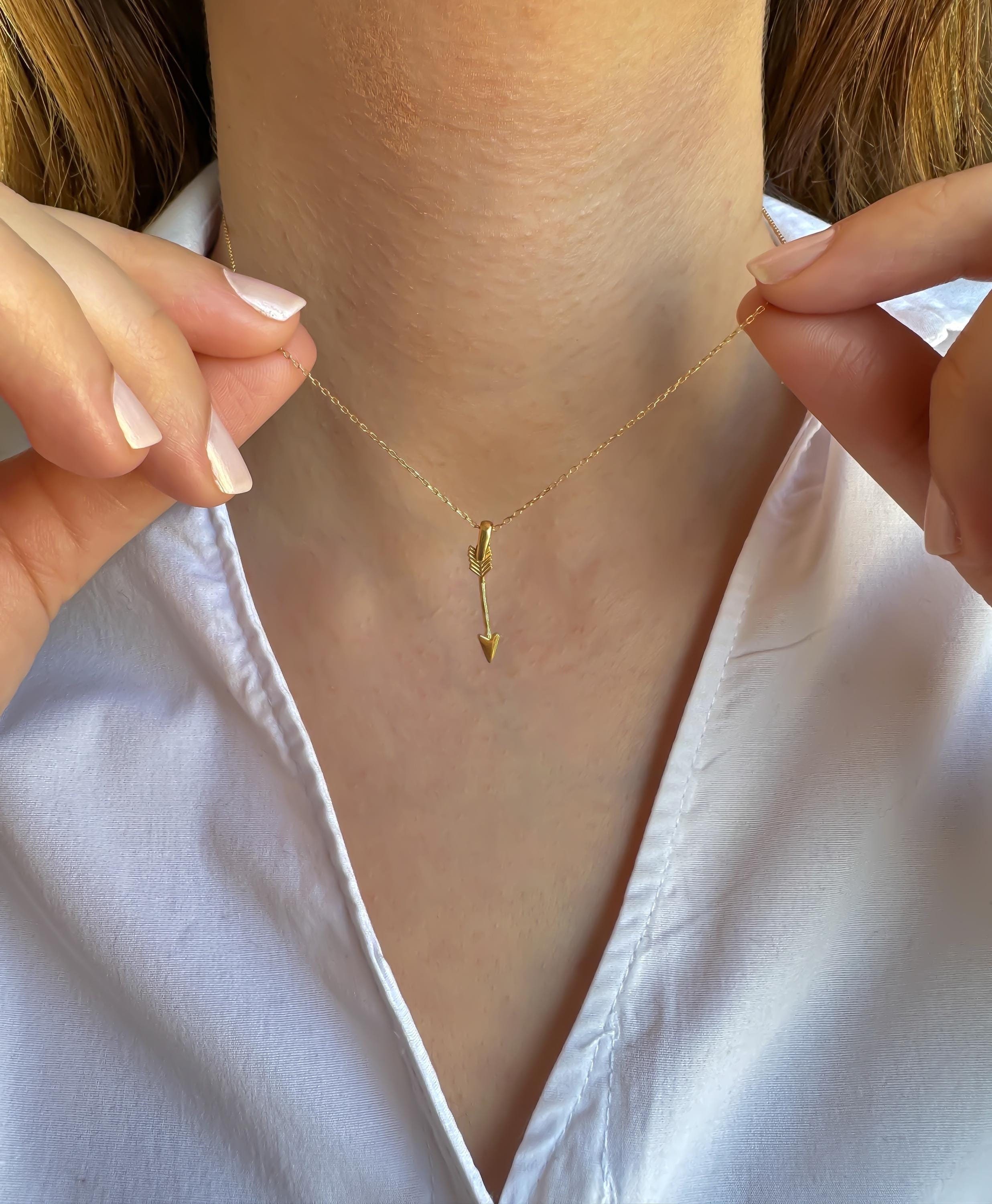 14K Gold Arrow Archery Pendant Necklace – A Minimalist Good Luck Charm for Women & Girls, Perfect Friendship Gift