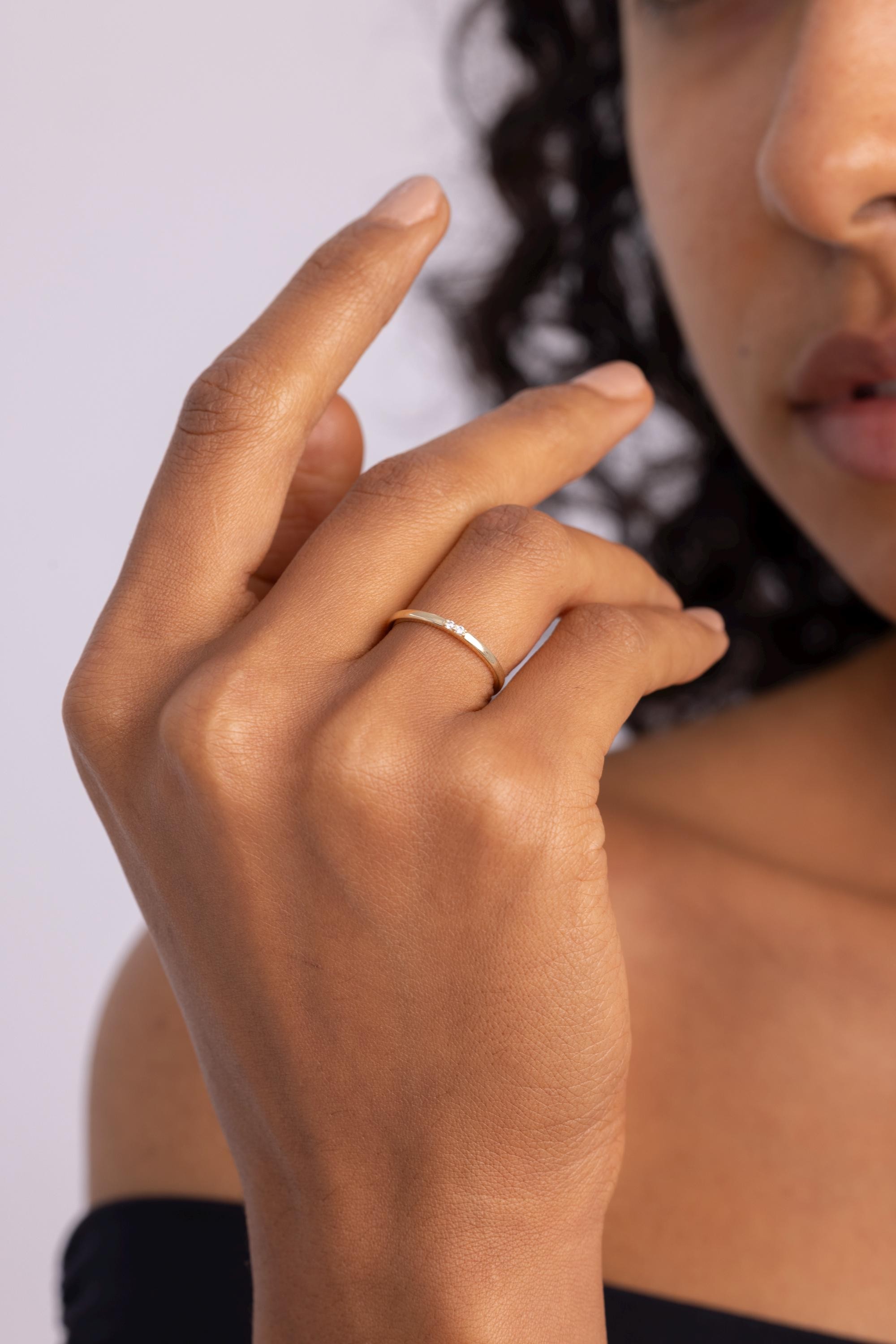 14K Solid Gold Minimalist Diamond Ring | Women's Diamond Wedding Band | 14K Gold Stackable Diamond Rings for Women