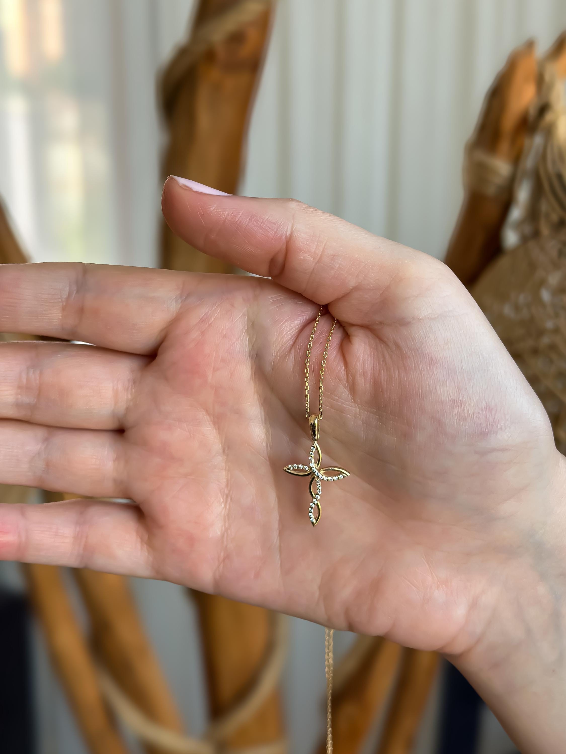 14K Solid Gold Diamond Cross Necklace for Women | Christian Faith Jewelry | Genuine Gold Religious Pendant | Ideal Gift for Her