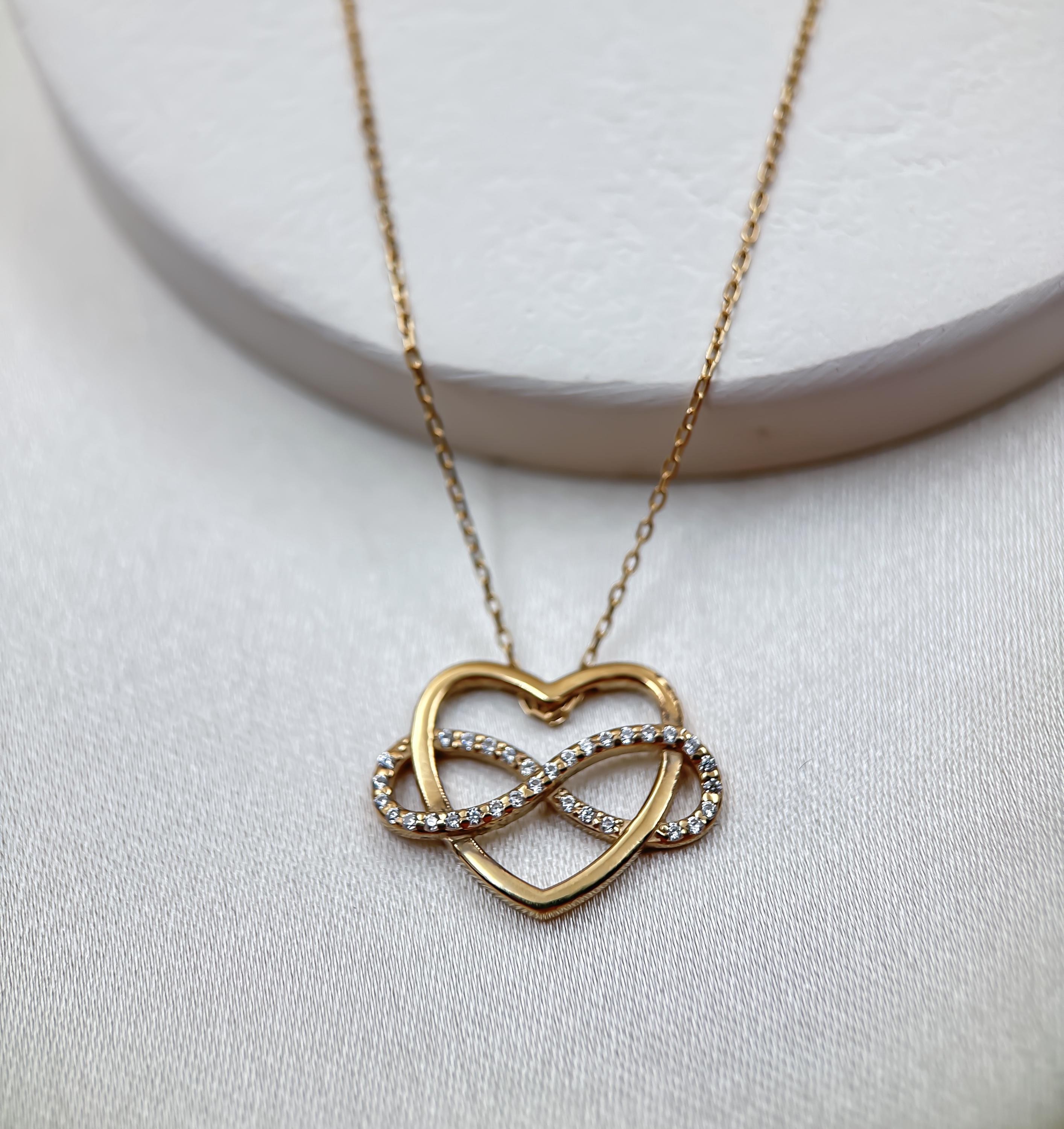 14k Real Gold Intertwined Heart Necklace for Women – Infinity Symbol Necklace – 14k Gold Interlocking Heart Pendant – Perfect Gift for Her