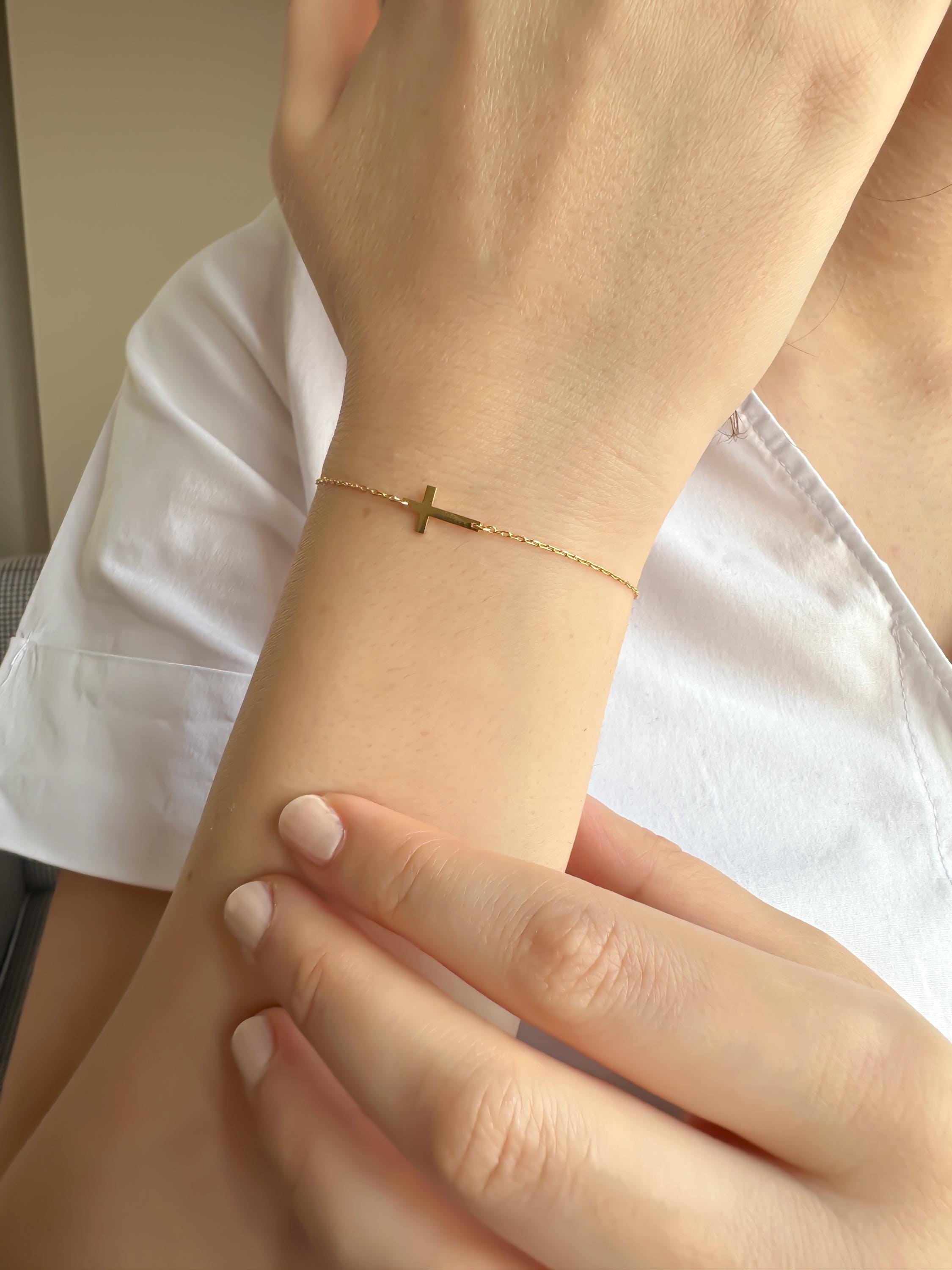 14K Solid Gold Tiny Cross Bracelet | Minimal Cross Charm Bracelet | Dainty Cross Bracelet for Women | Perfect Gift for Her