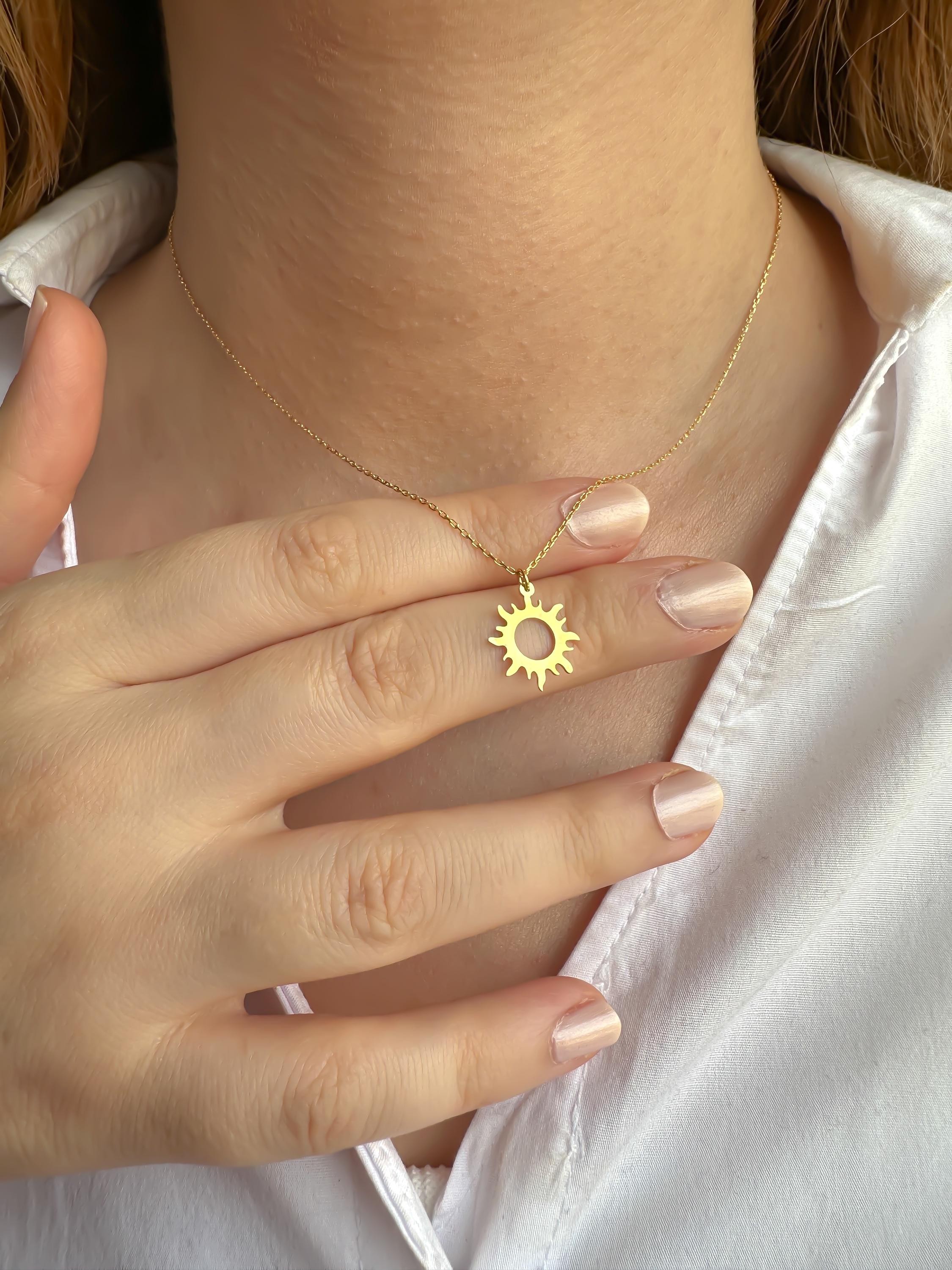 14K Solid Gold Sun Pendant Necklace for Women | Celestial Charm Jewelry | Sunshine Pendant | Summer-Inspired Sun Necklace Gift