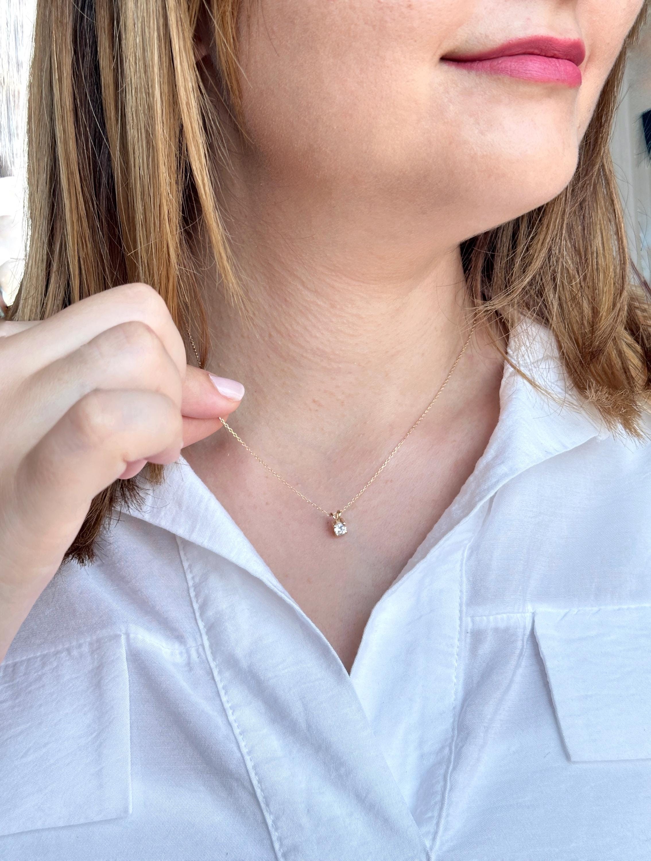 14K Solid Gold Diamond Solitaire Necklace | Round Cut Diamond Pendant for Women | Real 14K Gold Diamond Jewelry | Perfect Gift for Her