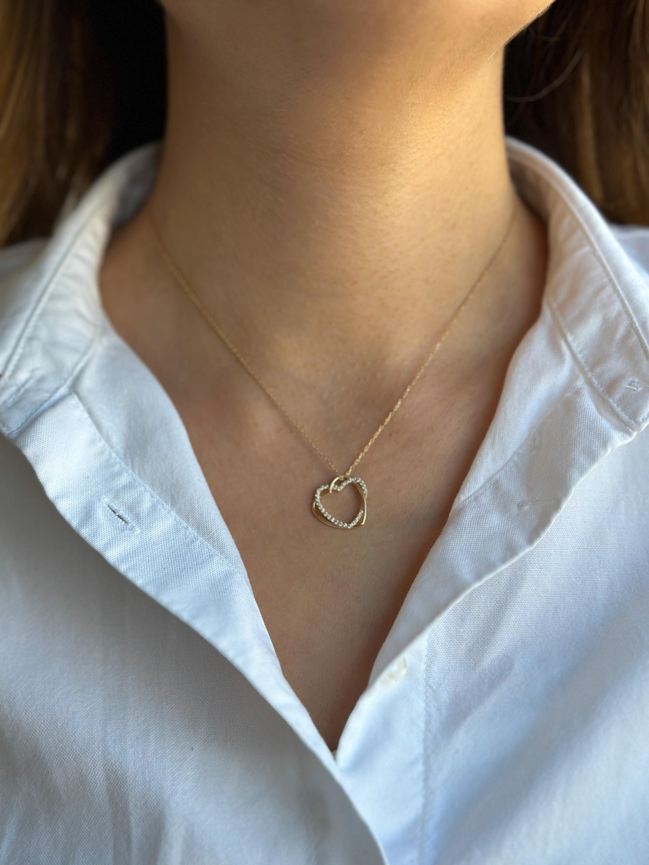 14K Solid Gold Double Heart Diamond Necklace | Genuine 14K Gold Interlocking Hearts Necklace | Elegant, Minimalist Jewelry for Women