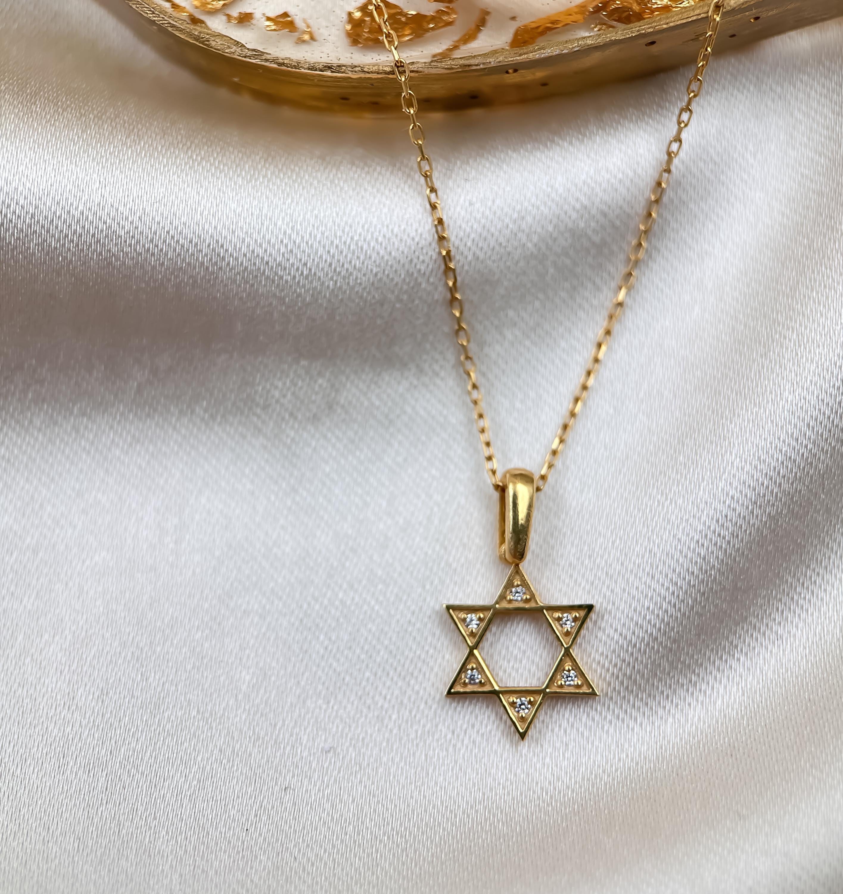 Davidstern-Halskette aus 14-karätigem Gold | Diamant-jüdischer Stern-Anhänger für Frauen | Himmlischer Schmuck aus Gelbgold | Perfektes Geburtstagsgeschenk