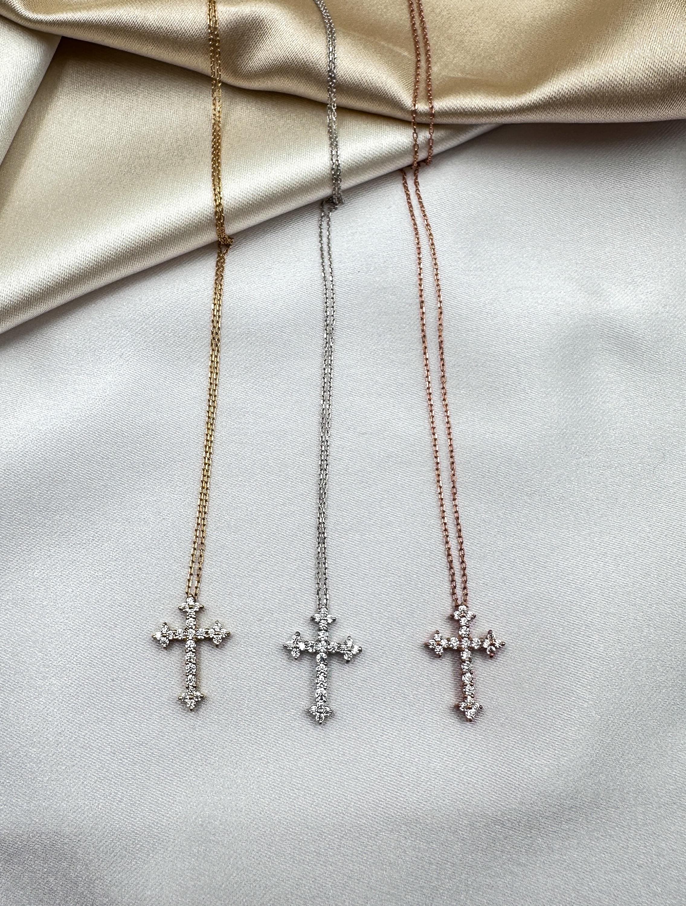 14K Gold Cross Necklace with CZ Diamonds | Women's Elegant Pendant | Authentic 14K Gold Christian Jewelry | Ideal Religious Gift