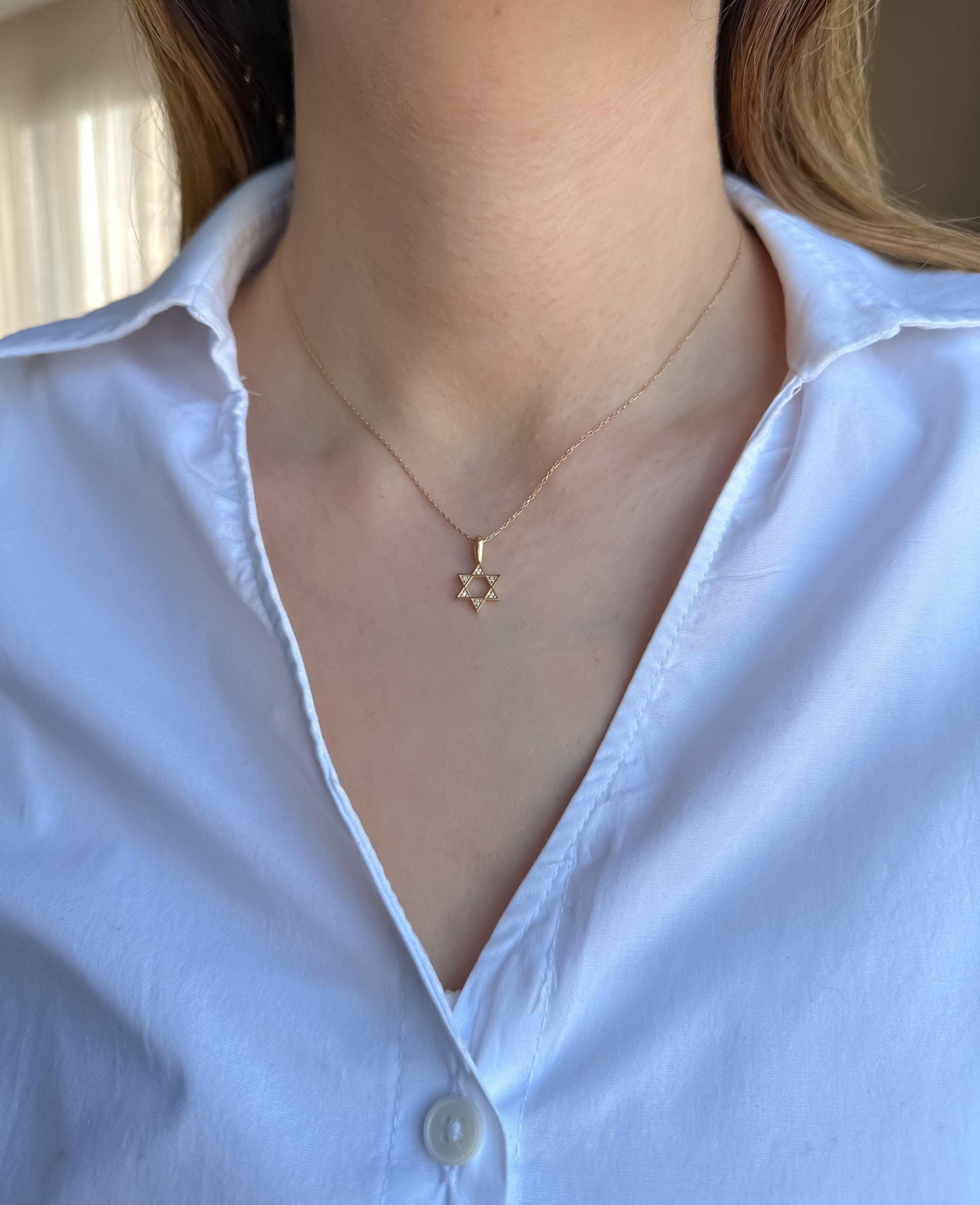 14K Solid Gold Star of David Necklace | Diamond Jewish Star Pendant for Women | Yellow Gold Celestial Jewelry | Perfect Birthday Gift