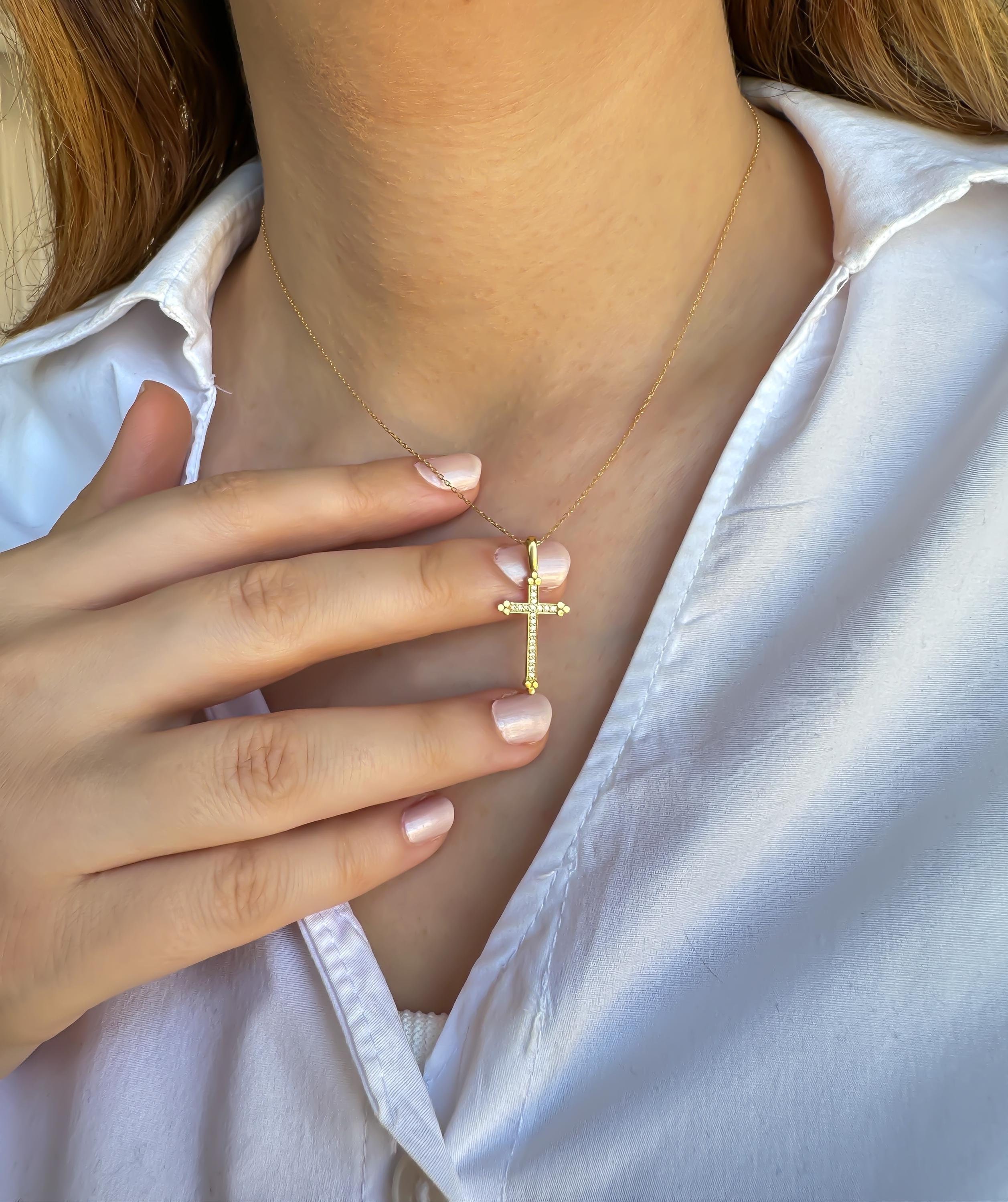 14K Gold Diamond Cross Necklace for Women | Elegant CZ Stone Pendant | Genuine 14K Gold Christian Jewelry | Perfect Christian Gift