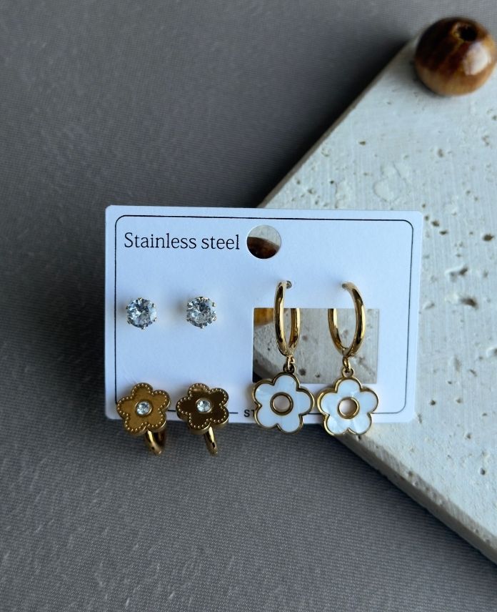 Çelik 6 Lı Yonca Taşlı Küpe