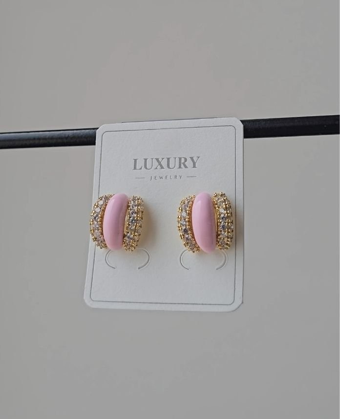 Luxury Halka Pembe Taşlı Küpe
