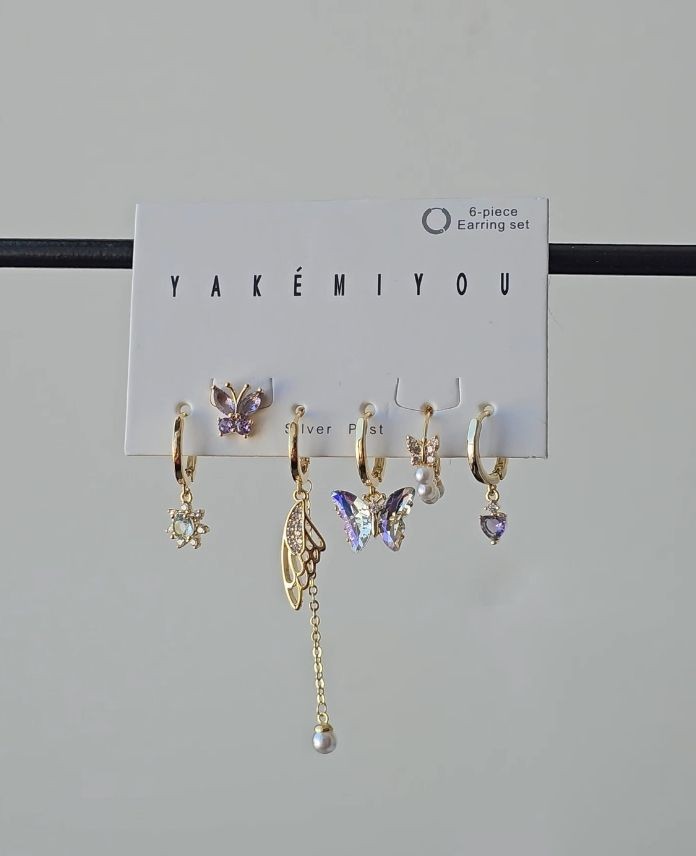 Pirinç 6 Lı Kelebek Mor Set Küpe