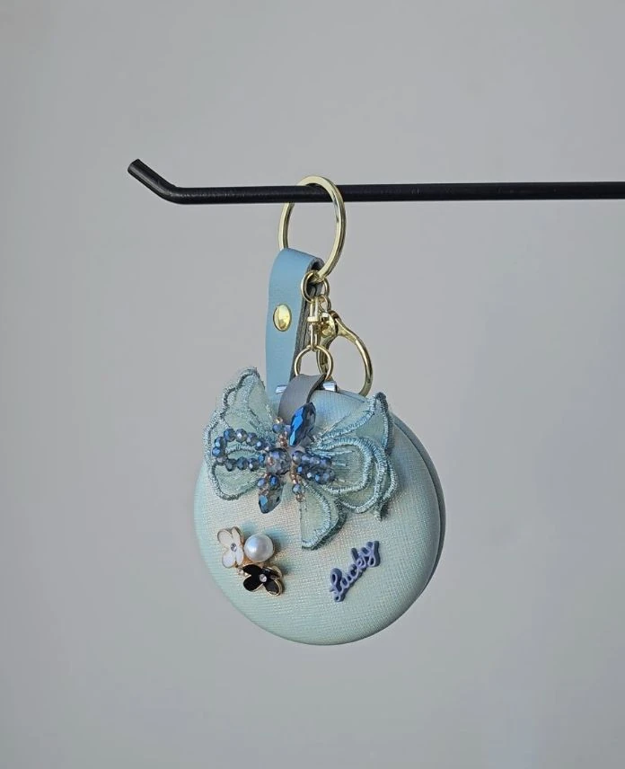 Aksesuar Aynalı Yuvarlak Kelebek Mavi Anahtarlık