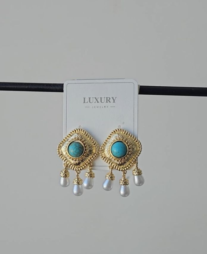 Luxury Mavi Taşlı İncili Küpe