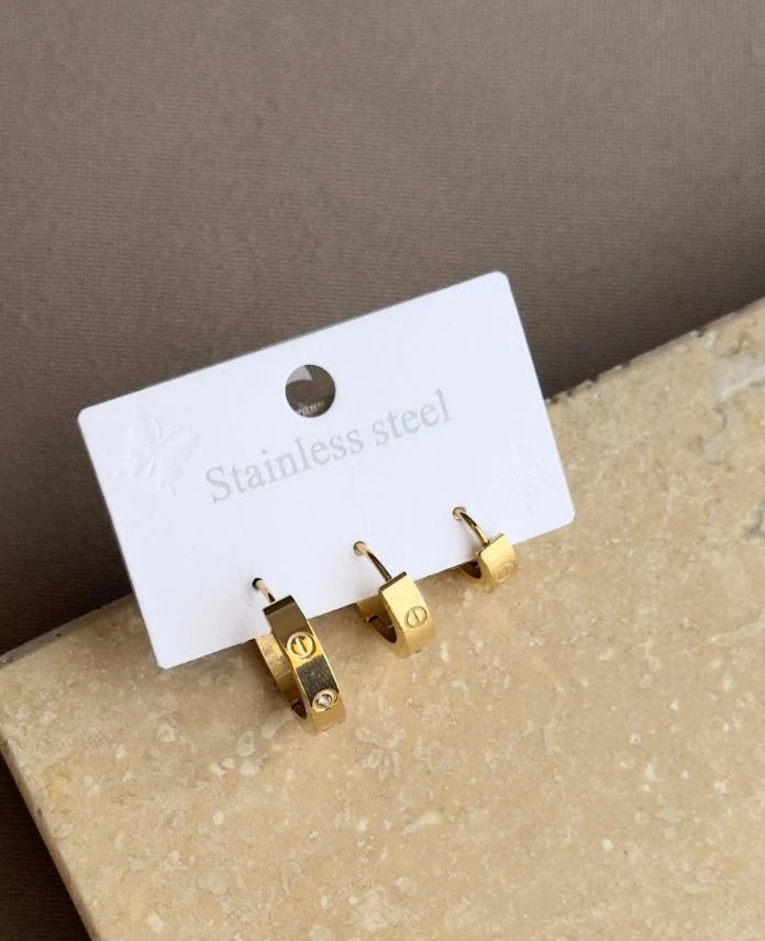 Çelik 3 Lü Halka Taşlı Küpe