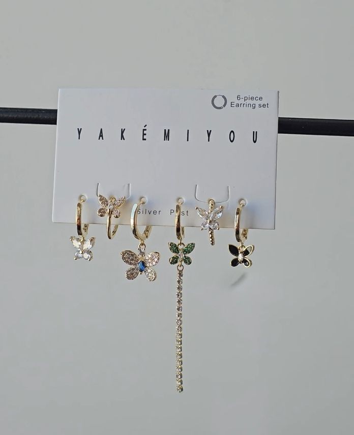 Pirinç 6 Lı Kelebek Taşlı Set Küpe