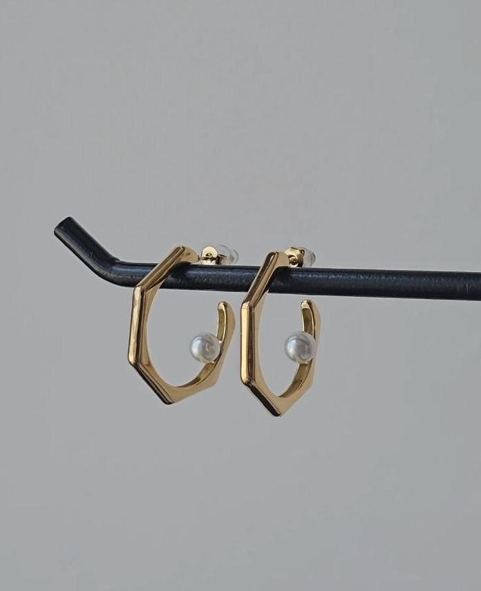 Çelik Altıgen İncili Küpe
