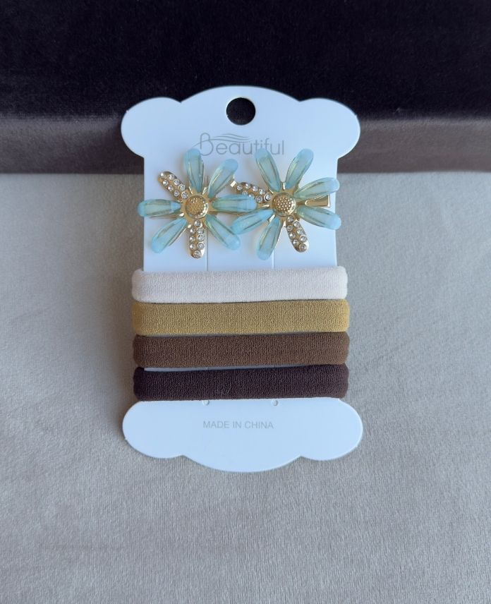 Aksesuar 5 Li Set Çiçek Mavi Toka