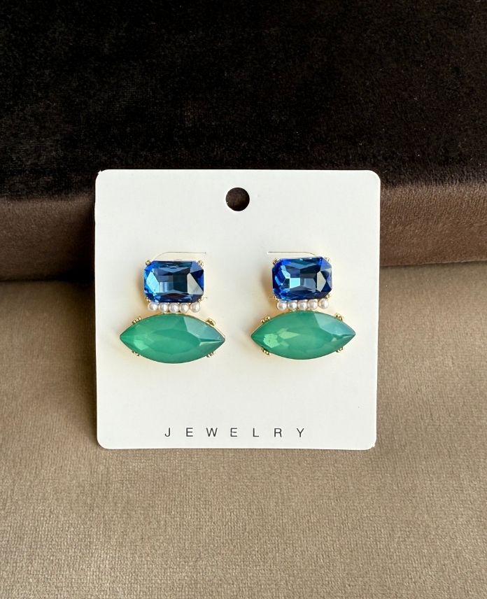 Pirinç Elips Yeşil Mavi Taşlı Küpe