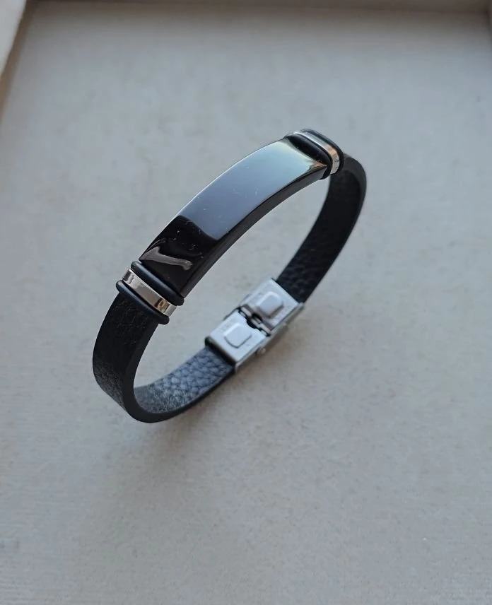Çelik Deri Siyah Plaka Bileklik