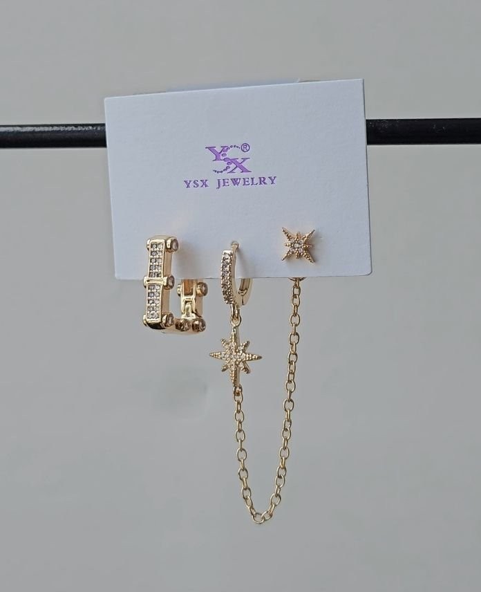 Ysx 3 Lü Sedef Yıldız Zincir Küpe