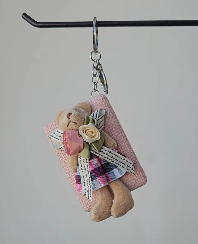 Aksesuar Aynalı Dikdörtgen Ayıcık Pembe Anahtarlık