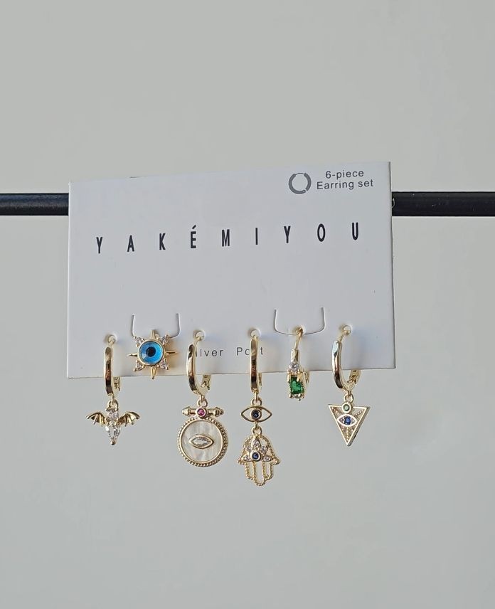 Pirinç 6 Lı El Taşlı Set Küpe