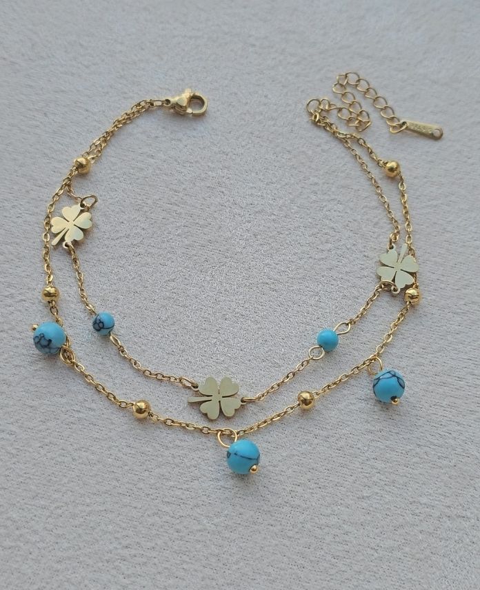 (12 Lİ PAKET İNDİRİMLİ) Çelik 2 Li Yonca Mavi Boncuk Halhal