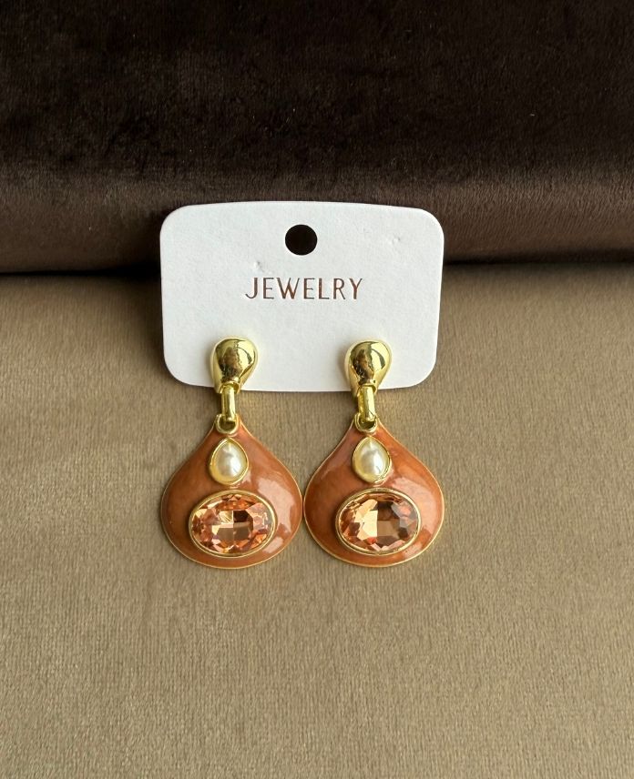 (12 Lİ PAKET İNDİRİMLİ) Pirinç Damla Turuncu Küpe