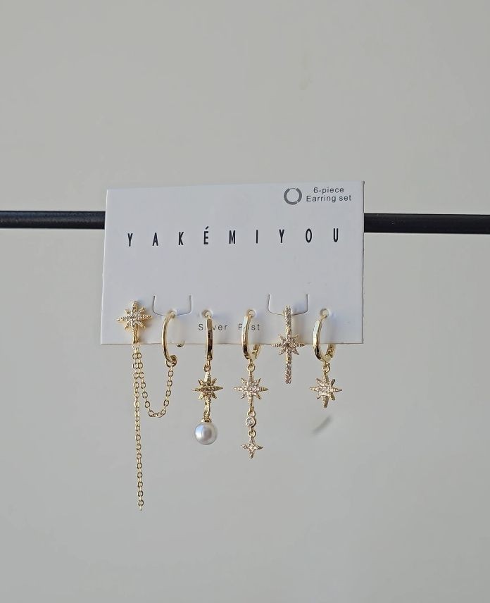 Pirinç 6 Lı Sedef Yıldızı Set Küpe