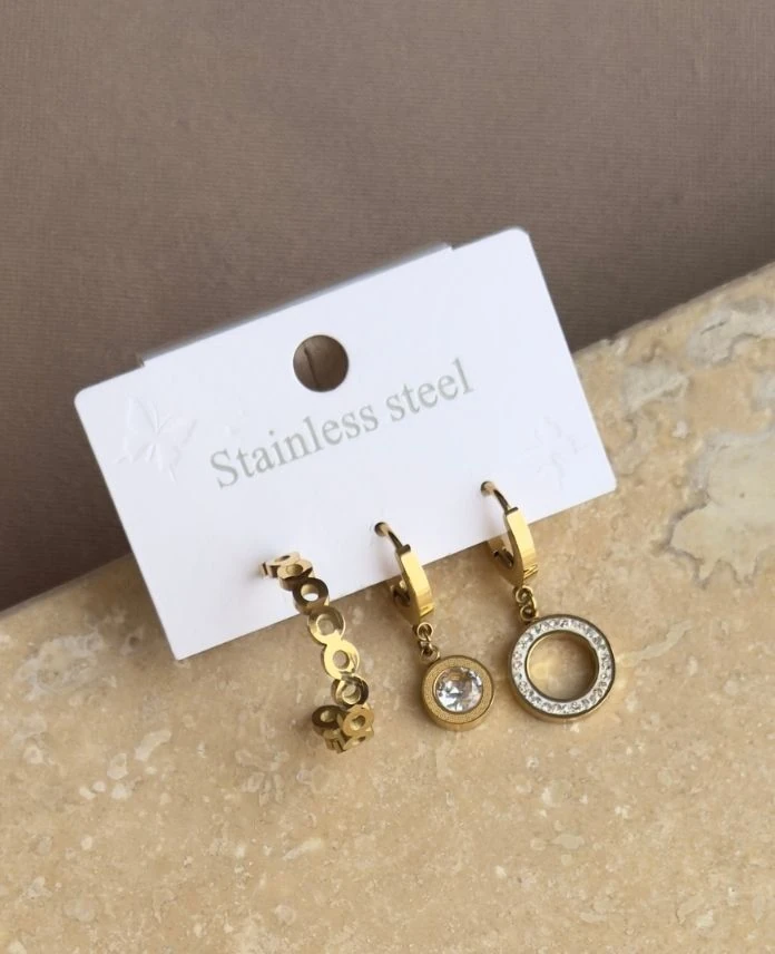 Çelik 3 Li Yuvarlak Taşlı Küpe