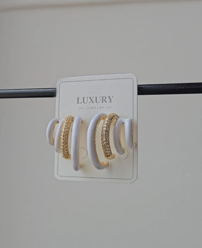 Luxury 3 Lü Halka Beyaz Taşlı Küpe