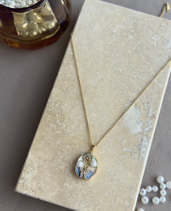 Çelik Sanat Çiçek Mavi İnci Kolye