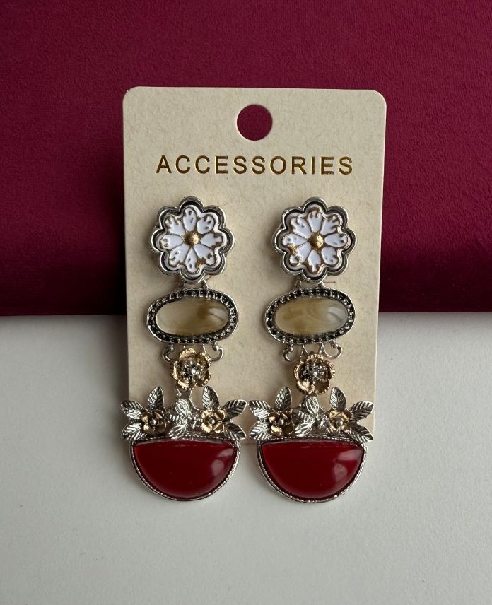 Bijüteri Elips Çiçek Kırmızı Taşlı Küpe