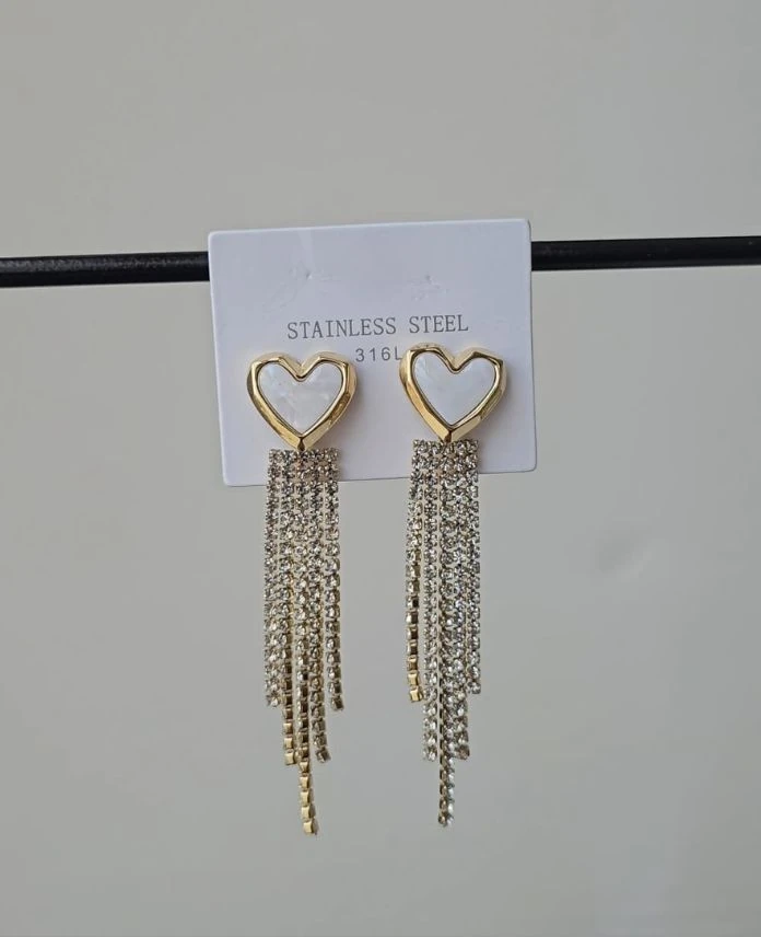 (12 Lİ PAKET İNDİRİMLİ) Çelik Kalp Sedefli Abiye Küpe