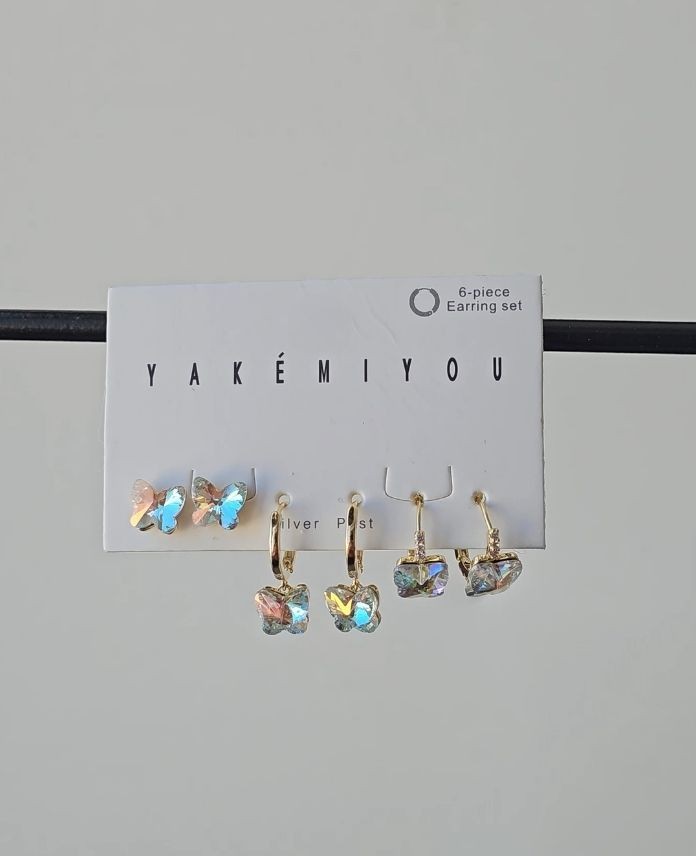 Pirinç 6 Lı Kelebek Taşlı Set Küpe