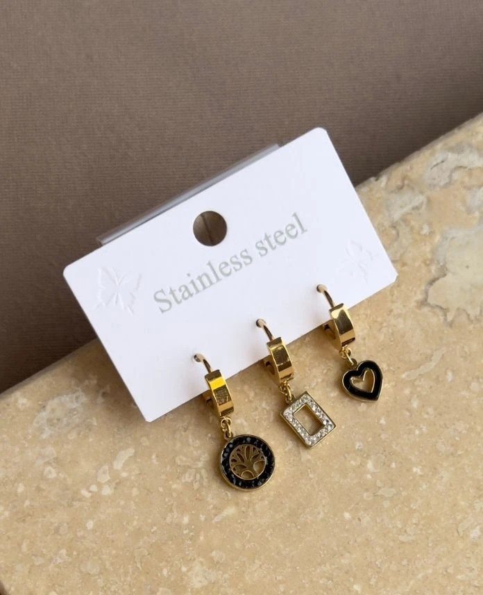 Çelik 3 Lü Kalp Küpe