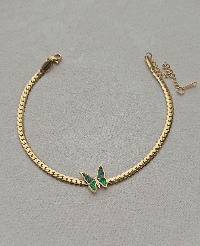 Çelik Zincir Yeşil Kelebek Halhal
