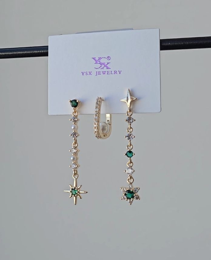 Ysx 3 Lü Sallantılı Yeşil Yıldız Küpe