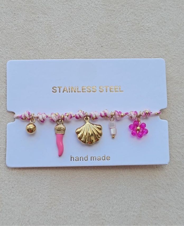 Çelik Pembe İstiridye Charmlı İp Bileklik