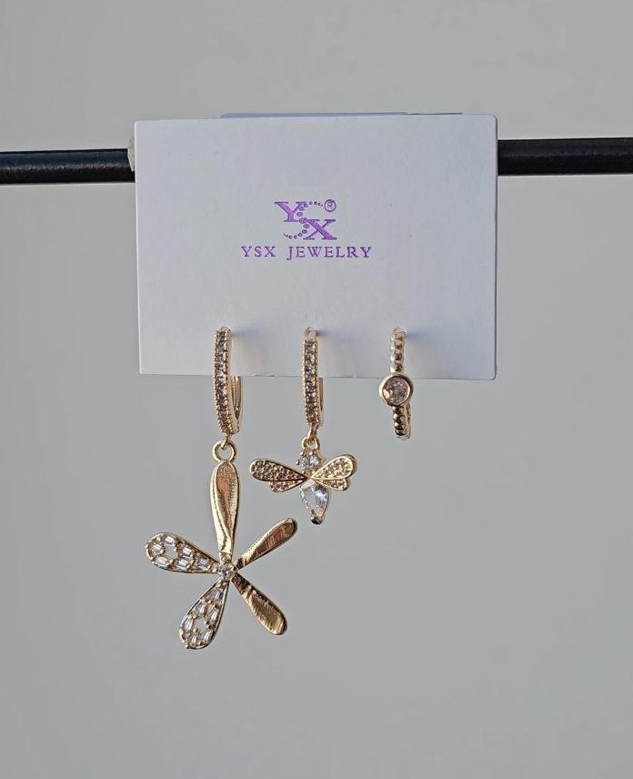Ysx 3 Lü Çiçek Arı Taşlı Küpe