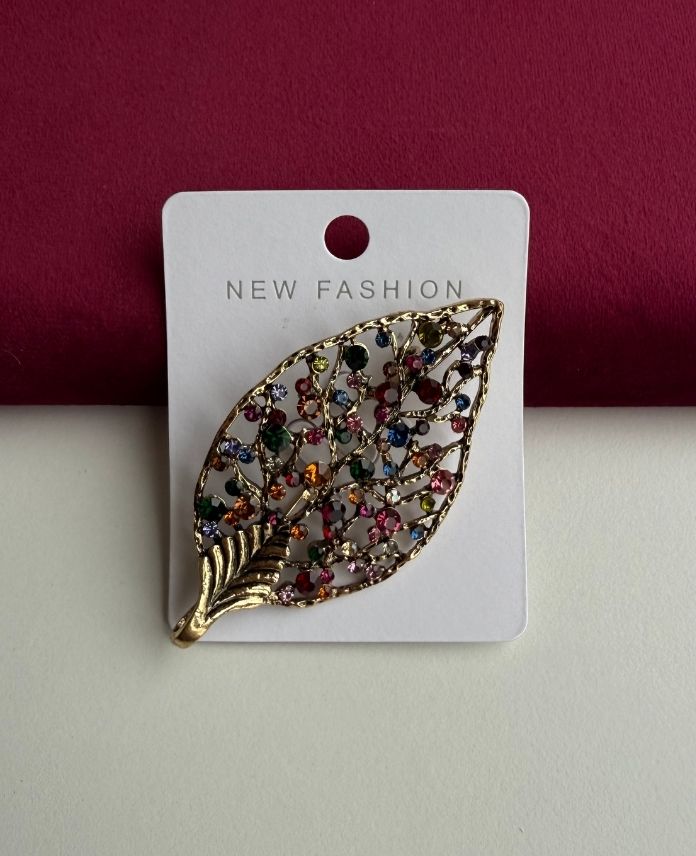Pirinç Yaprak Taşlı Broş